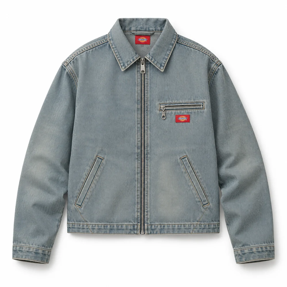 Generated realistic flat lay of the Dickies zip-front denim jacket corresponding to the CAD