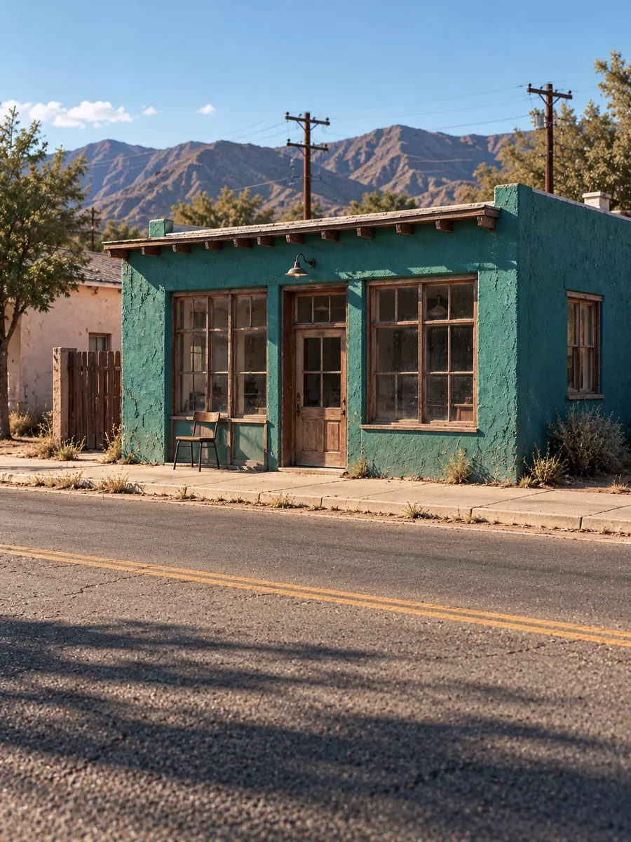 Reconstructed setting reference viewed from across the road, showing the full turquoise storefront facade and mountains