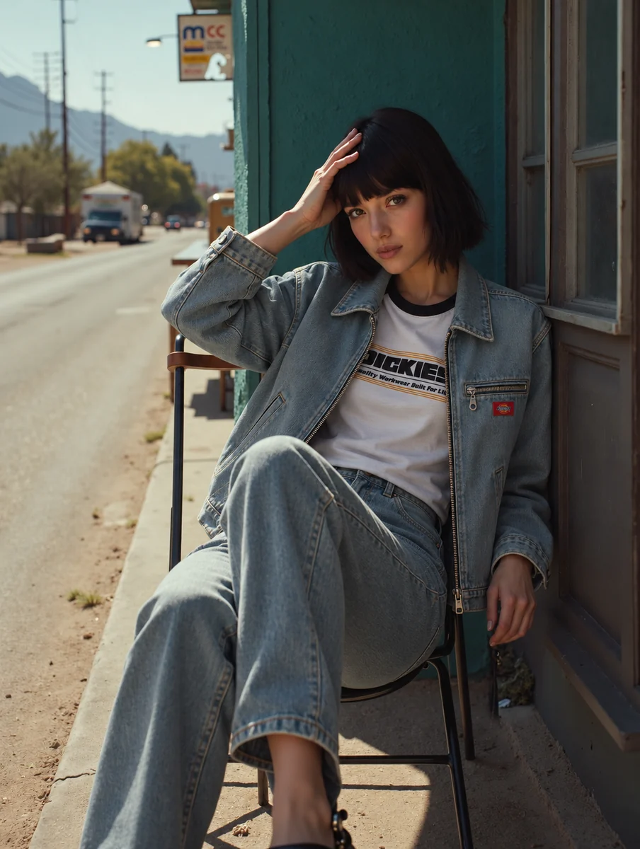 Actual final lifestyle image with the Dickies jacket, graphic T-shirt and jeans applied